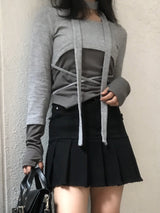 High-Waist Cutting Damage Pleated Skirt