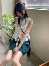 リウムプリーツシャーリングストリングノースリーブブラウス / Leeum pleated shirring string sleeveless blouse