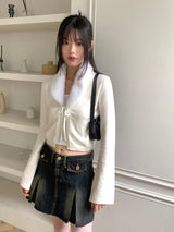 Kime collar fur ribbon string long sleeve cardigan