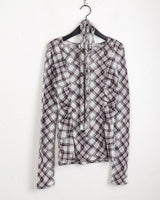 [Scarf set] Felde check see-through shirring long sleeve t-shirt