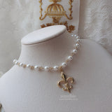 Fleur De Lis Pearl Choker Necklace  - Gold