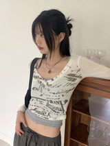 べディンディープVネックタイポグラフプリントクロップドロングスリーブTシャツ