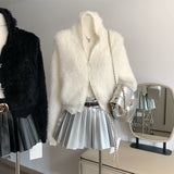 Angora hood knit zip-up
