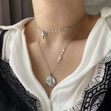 E Stainless Steel Titanium Angel Cross Layered Choker Necklace