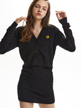 WEAVING PATTERN TUBE TOP CROP CARDIGAN SET BLACK (6586543407222)