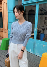 [S-L] Vネックケーブルコットンニット (11color)