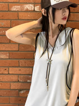 スクエアサイドストリングロングフードノースリーブシャツ / square side string long hooded sleeveless shirt