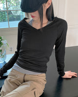 リップルホルターレイヤードVネッククロップド長袖Tシャツ