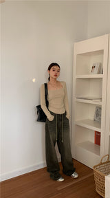 round semi ribbed long sleeve tee
