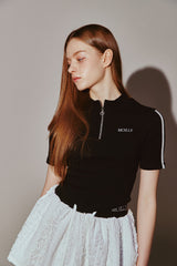 Lace Tape Half Zip-Up Black