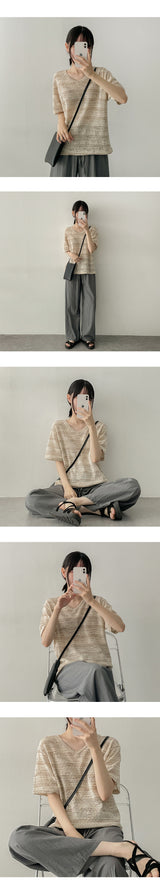 スタイライン柄Vネックニット半袖Tシャツ