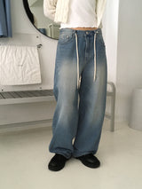Techi string washed wide denim pants