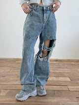 ストーンウォッシュッドスプリットデニムパンツ/no.1110 Stone Washed Split Denim Pants
