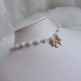 Adorable Ribbon Pearl Choker Necklace - Gold