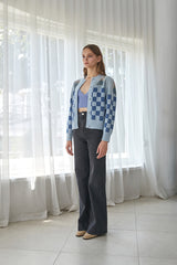 chess flower Jacquard 100%wool cardigan_new denim (6655892684918)