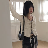 Dati strap shirring ribbed long sleeve cardigan