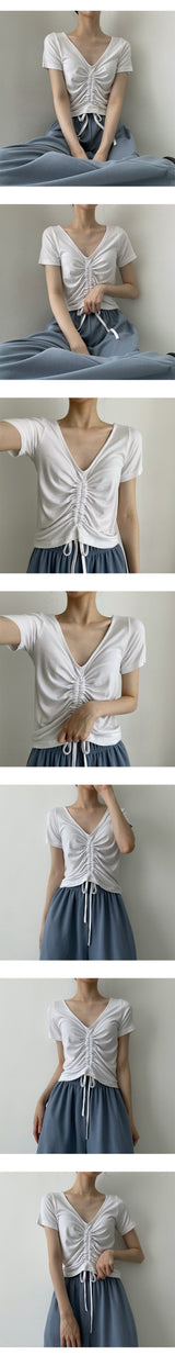 ロールノーズリングプリーツシャーリング半袖Tシャツ / Roll nose ring pleated shirring short sleeve T-shirt
