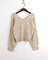 High knee ribbed V-neck semi-crop long-sleeve knit