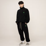 [UNISEX] Zipper Regular Green Flower White Clip Jogger Pants_Black (6676050935926)