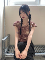 ピコットタイダイプリントリボンストリング半袖Tシャツ / Picot Tie Die Printed Ribbon String Short-Sleeved T-Shirt