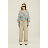 フラワーパターンクロップカーディガン / Flower Pattern Crop Cardigan_Ash Blue
