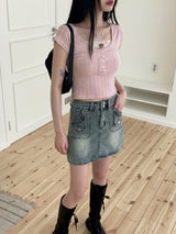 ティートンレトロポケットミニデニムスカート/Teaton Retro Pocket Mini Denim Skirt