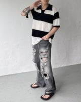 OA Lagoon Coloring Collar Short-Sleeved Knitwear