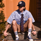 ドントウォーリーハンバーガーユニセックス半袖ワークシャツ / Dont Worry Hamburger Short-Sleeved Unisex Work Shirt
