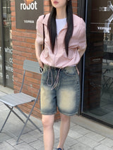フリーンナイロンポケットストリングクロップ半袖ジップアップ / Frean nylon pocket string crop short-sleeved zip-up