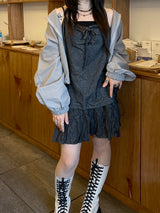 モリガールコットンデニムリボンスリーブレス / Morigirl cotton denim ribbon sleeveless