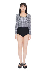 ハウンドチェックスクエアネックラッシュガードトップ/Hound check square neck rash guard top (black)