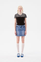 スモールチェリーメッシュパターンカラーミックスクロップTシャツ / SMALL CHERRY MESH PATTERN COLOR MIX CROP T-SHIRT [BROWN]
