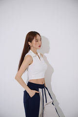 TOP(9354) Collar Half Zip Up Crop Sleeveless
