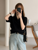 Basic Crop Collar Short Sleeve Knit (3color)