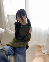 Pler Round-neck  Shoulder Slit Long-Sleeved Knit