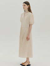 パフスリーブプリーツドレス / Puff sleeve pleated dress - Cream beige