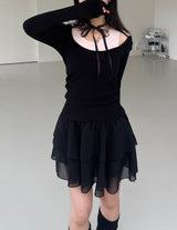 バレエコアUネックリボンチョーカースリムTシャツ / Ballet Core U-neck Ribbon Choker Slim T-shirt