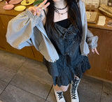 モリガールコットンデニムリボンスリーブレス / Morigirl cotton denim ribbon sleeveless
