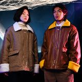 [UNISEX] Faux-Shearling and Leather Coat (Brown) (6656031850614)