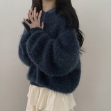 Hajoo Pine Leaf Loose Fit Balloon Hooded Knitwear (4 colors)