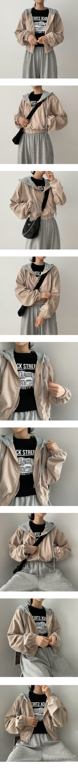 ビーズバンディングカラーリブフードジップアップ / Beads banding color ribbed hood zip-up