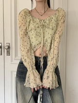 シフォンフラワーリボンストリング長袖ブラウス / Pyuti Chiffon Flower Ribbon String Long-Sleeved Blouse