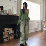 ソフルビビッドリブオフショルダールーズフィットディープUネックロングTシャツ