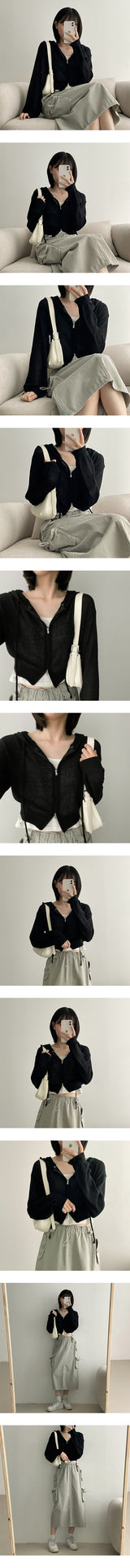 キュータツーウェイクロップドニットウェアフードジップアップ / CUTA Two-Way Cropped Knitwear Hooded Zip-Up