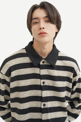 ストライプカラーカーディガンシャツ/Striped collar cardigan shirt C7 Oatmeal&Black