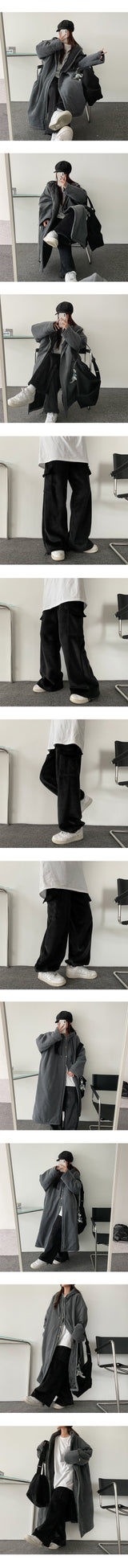 Lintbelo A Fleece-Lined Wool Lining String Ribbed Cargo Wide Pants