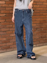 ビソップサマーフードファブリックワイドカーゴデニムパンツ / Bisopp Summer Hooded Fabric Wide Cargo Denim Pants