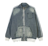 (UNISEX) ダメージ配色ラインデニムジャケット