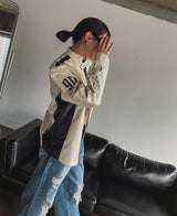 (UNISEX) ナイン 配色 レーシング レザージャケット