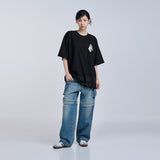MINI BABY FACE CAT EARPLUG SHORT SLEEVE T-SHIRT BLACK